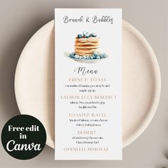 a menu card with pancakes and blueberries on it