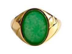 Our "Fyie Signet Jade Ring" shows our classic Signet-style design, with Jadeite and 14K Yellow gold. The Jadeite represents prosperity and health. Our artisans finish the piece with Gold design elements inspired from The Oriental Qing Dynasty.  Specifications vary according to Ring Size. Typical specifications for Size US 9.5 are shown below (Ring as seen in the images). Stock ID: 1FSJR14Y Materials: 3.90g 14K gold, 0.30g Jadeite Dimensions: 24 x 22 x 15 mm Gross Weight: 4.20g Classic Round Chrysoprase Rings, Classic Oval Chrysoprase Ring, Fine Jewelry Green Signet Ring With 17 Jewels, Classic Green Opal Ring In 14k Gold, Classic Polished Jade Jewelry, Classic Green Cabochon Signet Ring, Classic Jade Jewelry, Classic Jade Rings With Polished Finish, Green Opal Ring For Formal Occasions