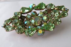 "Marked: Weiss Austrian rhinestone peridot and peridot aurora borealis. Layered Size approximately: 2 1/2\" x 1 1/2\" Condition: Very good to excellent vintage" Green Crystal Brooch Jewelry, Green Rhinestone Wedding Brooch, Green Rhinestone Wedding Brooches, Irish Harp, Double Chain Necklace, Everything Is Fine, Jan 17, Butterfly Brooch, Double Chain