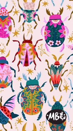 Pink Bug Party Vector Seamless Pattern by Marusha Belle Beetle Doodle, Bug Wallpaper, Doodle Stars, Beetle Pattern, Juice Party, Beetle Illustration, Party Vector