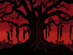 an image of a creepy tree with blood dripping from it's branches at night