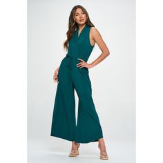 This is the perfect pull-on & throw-on surplice neck jumpsuit, no matter the occasion. It's composed of a soft knit fabric with the elastic waist with a tie designed to give your natural waist fit, and with a wide leg opening for extra comfort and ventilation. This is a great versatile go-to piece. Two side-pockets. Material: 95% Rayon Modal 5% Spandex. Made in USA. Machine washable. Sleeveless Jumpsuits And Rompers With Tie Waist For Loungewear, Chic Green Jumpsuit With Elastic Waistband, Green Jumpsuit Outfit Casual, Modest Jumpsuit, Green Jumpsuit Outfit, Jumpsuit Outfit Casual, Pageant Outfits, Jumpsuit Outfit, Knit Jumpsuit