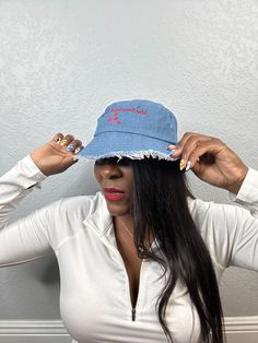 Ready for your next streetwear staple? This denim bucket hat with a distressed brim is a real statement piece—with the comfort of 100% cotton to boot. It’s an on-trend style that’ll be sure to get you a ton of compliments. • 100% cotton • Denim look • Classic brim with distressed look • 4 sewn eyelets on the sides of the hat • 2-panel designSize guide A (inches) B (inches) C (inches) One size 22 3 ⅛ 1 ¾ Medium Wash Cotton Bucket Hat With Wide Brim, Trendy Medium Wash Bucket Hat For Summer, Denim Blue Bucket Hat For Spring, Spring Denim Bucket Hat In Medium Wash, Medium Wash Cotton Bucket Hat With Short Brim, Washed Bucket Hat With Curved Brim For Spring, Cotton Bucket Hat With Short Brim In Medium Wash, Trendy Medium Wash Bucket Hat With Curved Brim, Trendy Medium Wash Curved Brim Bucket Hat