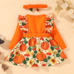 Toddler Girls Long Sleeve Pumpkin Print Dress Scarf Two Piece Set - PrettyKid Woman Costumes, Pumpkin Dress, Dress Scarf, Halloween Long Sleeve, Rompers For Kids, Flowers Color, Scarf Dress, Pumpkin Print