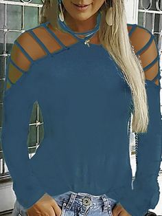 Women's Plus Size T-shirt Solid Colored Sexy Long Sleeve Halter Neck Tops Basic Top Black Blue Wine-829 Casual Long Sleeve Hollow Out Top, Casual Fitted Hollow Out Tops, Fitted Hollow Out Casual Tops, Trendy Hollow Out Crew Neck Top, Halter Neck Tops, Plus Size T Shirt, Red Tee, Halter Neck Top, Loose Tops