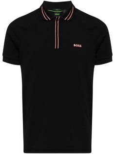 black/light pink stretch-cotton piqué weave logo print at the chest stripe trim polo collar front button placket short sleeves straight hem Boss Logo, City Shorts, Balenciaga Triple S, Custom Watch, Summer Beach Wear, Polo Collar, Light Jacket, Black Light, Button Placket