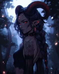 a woman with horns on her head standing in front of some trees and fireflies