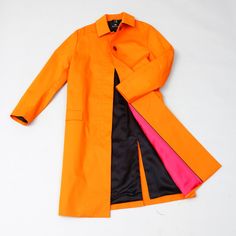 Nwt, Orange Trenchcoat With Brown Top Button. Pink Satin Accent Lining And Black Inner Lining. Pink Double-breasted Outerwear With Hidden Buttons, Pink Lapel Collar Outerwear With Hidden Buttons, Orange Outerwear With Button Closure For Work, Orange Workwear Outerwear With Button Closure, Orange Outerwear With Buttons For Work, Orange Buttoned Outerwear For Work, Orange Workwear Outerwear With Buttons, Chic Pink Outerwear With Snap Buttons, Orange Coat