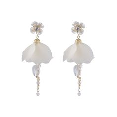 Add a whimsical touch to any ensemble with these delightful earrings that feature lovely petals and delicate white flowers. 1.38'' W x 3.23'' L Goldtone base metal / cubic zirconia / imitation pearl / mesh Base Metal, White Flowers, Cubic Zirconia, Gold Tones, 18k Gold, Pearl Earrings, Copper, Plating, Mesh