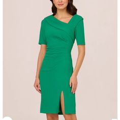 Adrianna Papell Dress. New With Tags. Never Worn. Paid $139. Asking $100. Size 12 Fitted Green Dress With Asymmetrical Neckline, Formal Green Ruched Midi Dress, Summer Office Dress With Asymmetrical Neckline, Formal Ruched Mid-length Dress, Elegant Green Mini Dress With Asymmetrical Neckline, Spring Office Dress With Asymmetrical Neckline, Office Ruched Midi Length Dresses, Green Knee-length Formal Dress, Formal Green Knee-length Dress