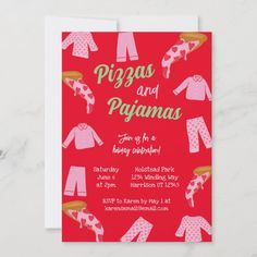 a red and pink baby shower party card with pajamas on it, including the words pigs and pajama's