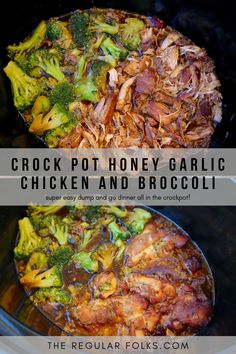 crock pot honey garlic chicken and broccoli in the crock pot with text overlay