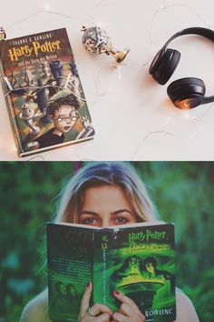 there is a book and headphones on the table next to each other, which includes harry potter