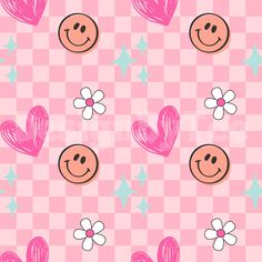 a pink wallpaper with hearts and stars on the side, one has a smiley face