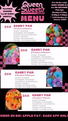 the menu for queen sweety's candy bar