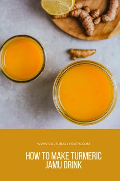 two glasses filled with orange juice next to sliced ginger