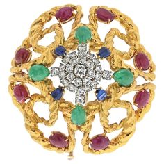 David Webb 18K Yellow Gold Cabochon Emerald, Ruby And Diamond Openwork Brooch For Sale at 1stDibs Luxury Multicolor Gemstone Brooches, Elegant Multi-stone Oval Brooch, Elegant Multi-stone Oval Brooches, Elegant Oval Multi-stone Brooches, Elegant Multicolor Gemstone Brooches, Gold Multi-stone Fine Jewelry Brooches, Fine Jewelry Gold Brooches With Multi-stone, Diamond Multi-stone Brooches In Fine Jewelry Style, Fine Jewelry Diamond Multi-stone Brooch