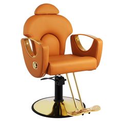 an orange chair sitting on top of a metal base with gold trimming around it