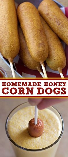 the homemade honey corn dogs are ready to be eaten and put on skewers