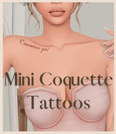 a woman with tattoos on her chest and breast is shown in the image, which reads mini coquette tatoos