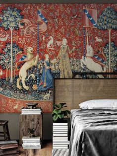 a bedroom with a large tapestry on the wall next to a bed and nightstands