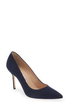 Crafted with a low topline and slender stiletto heel, this iconic pointy-toe pump is made from velvety kid suede in a versatile navy hue. 3 1/2" (90mm) heel (size 38.5) Leather upper, lining and sole Imported Women's Designer Shoes Blue Pumps, Footwear Design Women, Manolo Blahnik, Stiletto Heel, Pump Shoes, Women's Pumps, Designer Shoes, Designing Women, Stiletto Heels