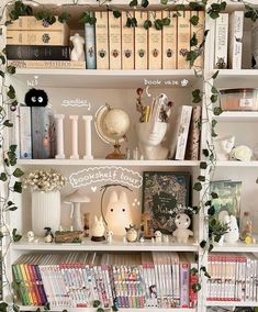 a bookshelf filled with lots of books next to a lamp and other items