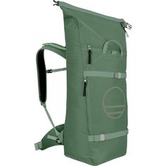 a green backpack that is open to show the front and side zippers on it