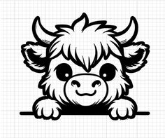 a black and white drawing of a small animal with big horns on it's head