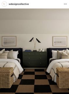 two twin beds in a bedroom with black and white checkered flooring next to each other