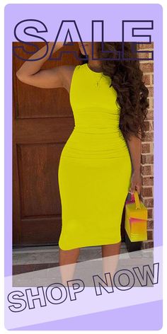 Yellow Casual Solid Split Joint O Neck Pencil Skirt Dresses Slim Fit Bodycon Dress For Summer, Summer Knee-length Slim Fit Bodycon Dress, Non-stretch Summer Bodycon Dress, Summer Sheath Stretch Bodycon Dress, Summer Sheath Bodycon Dress With Stretch, Trendy Slim Fit Bodycon Summer Dress, Trendy Solid Color Bodycon Dress For Summer, Spring Stretch Solid Color Midi Dress, Casual Knee-length Bodycon Dress For Club