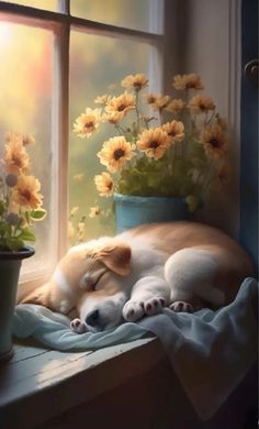 a painting of a dog sleeping on a window sill with flowers in the background