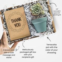 an open box containing a card, potted plant and thank you note with instructions