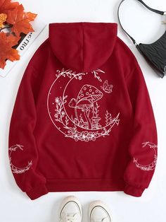 Burgundy Casual Collar Long Sleeve Fabric Animal,Letter,Plants Pullovers Embellished Slight Stretch  Women Clothing Clothing Design Sketches, Stylish Hoodies, Cool Hoodies, Really Cute Outfits, Look Cool, Outfits For Teens, Fashion Online Shop, Plus Clothing