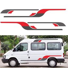 an image of a white van with red and grey stripes on it's side