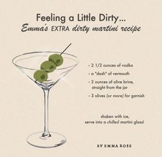 an advertisement for a martini drink with olives in the glass and instructions on how to make it