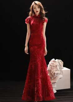 Mermaid wedding Qipao dress Red Mermaid Hem Evening Dress For Banquet, Red Fishtail Banquet Dress, Red Mermaid Hem Dress For Banquet, Red Mermaid Dress With Mermaid Hem For Banquet, Elegant Red Mermaid Fishtail Dress, Red Mermaid Hem Gown For Banquet, Red Mermaid Dress With Sweep Train For Banquet, Red Fishtail Mermaid Dress For Wedding, Red Fitted Cheongsam For Party