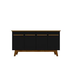 a black cabinet with three doors and two drawers on one side, against a white background