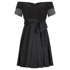 A very early design from high end occasion wear specialist Jenny Packham; this 1980s black velvet and silk cocktail dress is perfect for the upcoming party season. The bodice is made up of a lovely thick black velvet, with a plunging sweetheart neckline, trimmed with a delicate silk piping. There is a triangle modesty panel of silk at the V point of the neckline, and the sleeves are also capped in the same black silk fabric. The dress has a classic 50s silhouette which was revived and updated du 1980s Dress Up Party, 50s Silhouette, Black Silk Fabric, Jenny Packham Dresses, Modesty Panel, Silk Cocktail Dress, Taffeta Dress, 1980s Dresses, Silk Taffeta