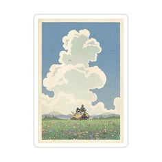 two people riding on a motorcycle in the middle of a field with clouds above them