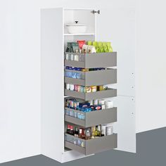 an open pantry door with food and drinks in the bins on each shelf next to it