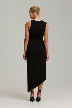 C/MEO Collective - Entropy Dress - Black – Fashion Bunker US Chic High Low Midi Dress For Formal Occasions, Chic High Low Midi Dress For Formal Events, Elegant Asymmetrical High Low Dress For Formal Occasions, Chic Formal High Low Midi Dress, Fitted Midi Dress With Asymmetrical Skirt For Date Night, Chic High Low Dress For Evening With Asymmetrical Hem, Formal Asymmetrical High Low Dress, Sleeveless Asymmetrical Dress With Side Slits For Cocktail, Black Asymmetrical Midi Dress For Night Out