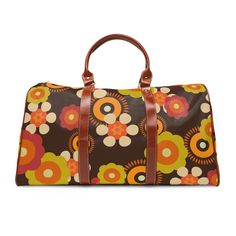 Flower Power Groovy Travel Bag, Weekender, Hipster Mod Daisy, Brown, Orange, Green, Hippie, 70's Style, Waterproof Travel Bag This personalized travel bag is all about style. Made with high-grade waterproof fabric, it's a highly durable means of transferring your essentials wherever you go. With multiple compartments, a resilient carrying handle, and an adjustable shoulder strap, it's the perfect companion for all your adventures. It's about time to hit the road. Travel in style. This bag also m Brown Rectangular Travel Bag For Weekend, Retro Rectangular Bags For Weekend, Vintage Brown Shoulder Bag For Weekend Trips, Retro Rectangular Duffle Bag For Everyday Use, Retro Brown Travel Bag For Everyday Use, Retro Brown Travel Bag For Daily Use, Vintage Multicolor Travel Bags, Retro Orange Everyday Bag, Retro Bags With Luggage Sleeve For Daily Use