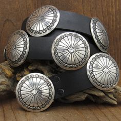 "Sterling silver concho belt on black leather. The buckle and each concho are 1 3/4\" in diameter. There is a buckle and 11 conchos. The leather is 47\" long and 1\" wide.  It is new leather with no holes punched yet. There is no signature. We tested the metal and guarantee it is sterling silver. The belt is in good condition. Thank you for shopping in our store. Please let us know if you have questions.  BELT-997K-CB-5 k" Turquoise Belt, Turquoise Men, Concho Belt, Silver Bead Necklace, Stone Inlay, Sterling Silver Cuff Bracelet, Sterling Silver Cuff, Leather Silver, Silver Cuff Bracelet