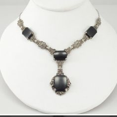 Ornate Marcasite And Onyx Pendant Drop Necklace In Sterling Silver. 18” Chain In Excellent Used Condition Purchased By Me At An Online Site And Stored Carefully In A Smoke Free Home. I’m Including A Screenshot Of The Description From When I Originally Purchased It Several Years Ago. I Am Not A Professional Jeweler And Cannot Verify. Purchased For My Personal Use And Never Worn By Me. Evening White Gold Necklaces With Jewels, Classic Onyx Necklaces For Formal Occasions, Elegant Engraved Necklaces For Evening, Formal Black Engraved Necklace, Antique Sterling Silver Jewelry With Silver Chain, Antique Jeweled Necklaces For Evening, Formal Silver Pendant Custom Necklace, Formal Silver Jeweled Chain Necklace, Victorian White Gold Necklaces For Evening