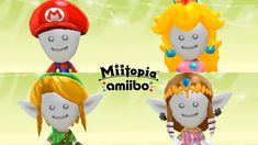 three cartoon characters are standing together in front of a green background with the caption'mario amiibo '