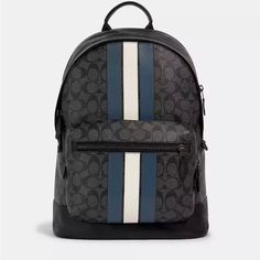 Excellent Condition Length: 13.75" Height: 17.25" Width: 6.0" Coach Backpack Mens, Coach Backpack, Bags Coach, Bags For Men, Signature Canvas, Coach Bags, Black Blue, Blue Black, Backpacks