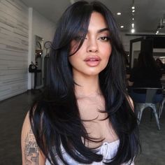 Curtain Bags And Face Framing, Straight Length Haircut, Face Framing Curtain Bangs Black Hair, Black Hair And Curtain Bangs, Long Bangs Black Hair, Long Curtain Bangs Dark Hair, Framing Face Bangs, Goth Curtain Bangs, Hair Inspo Color Black