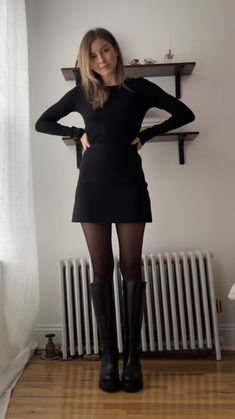 High Fashion Women Outfit Ideas, Old Academia Aesthetic Outfit, Dress With Black Tights And Boots, Skirt And Tights Outfit Going Out, Tights Office Outfit, Black Tights Boots, Looks With Tights, Minidress Tights Outfit, Skirt Sweater Tights Outfit