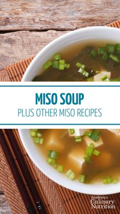 a bowl of miso soup with chopsticks on the side and text overlay